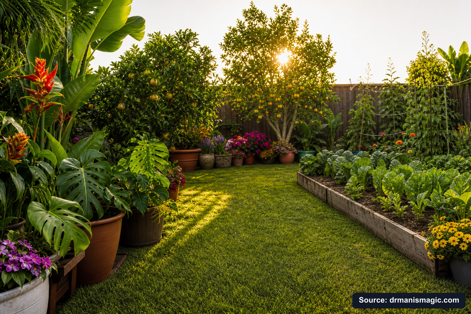 Lush, thriving backyard garden full of healthy plants and trees