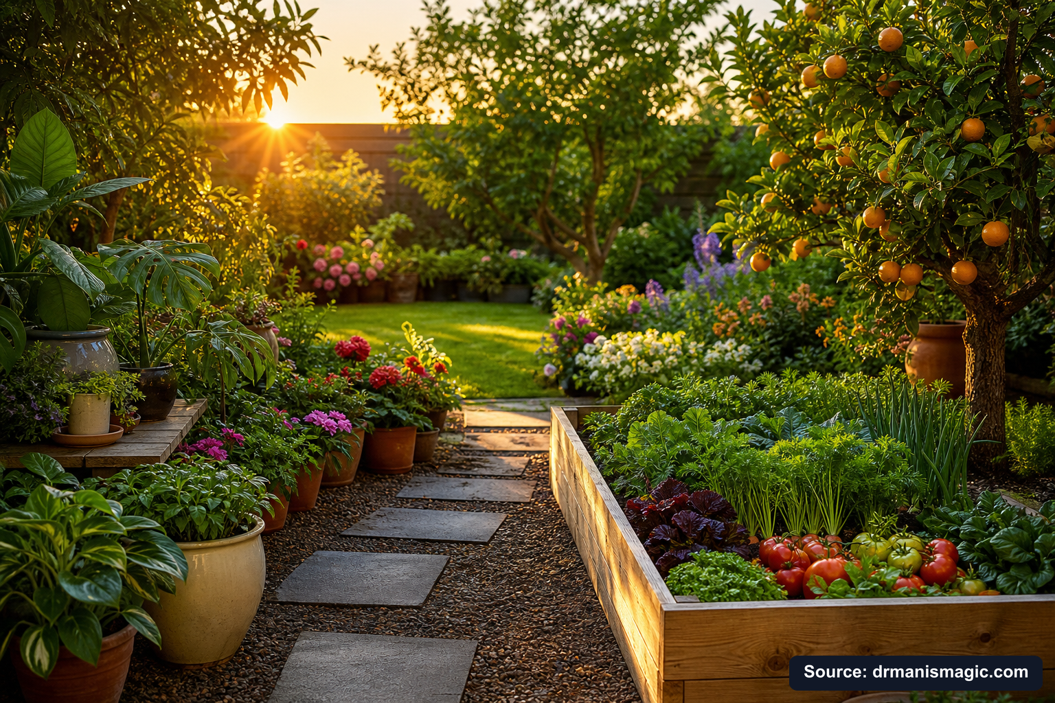 Lush, thriving backyard garden full of healthy plants and trees