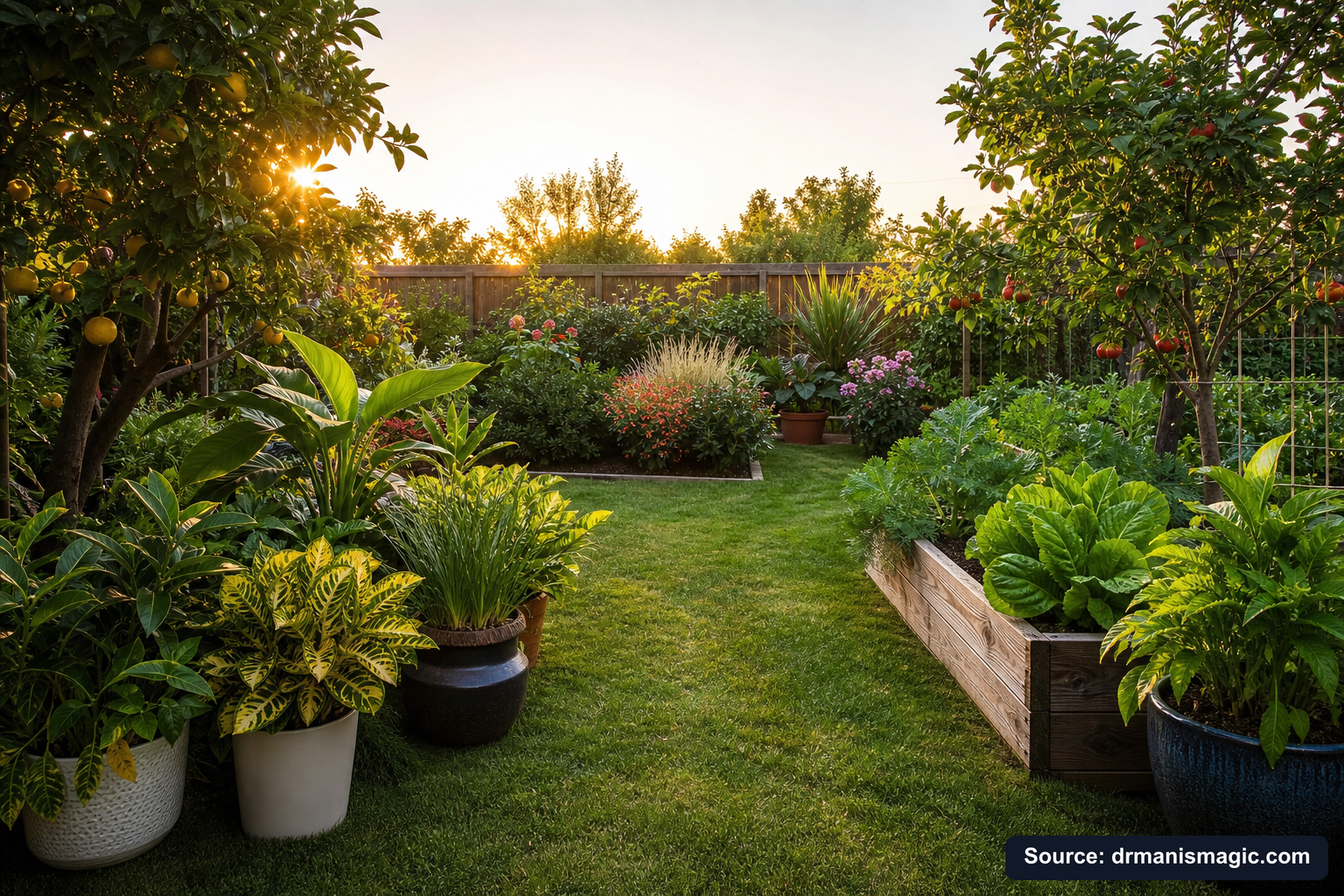 Lush, thriving backyard garden full of healthy plants and trees