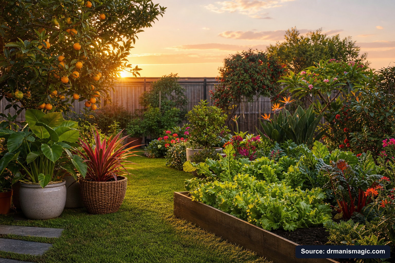 Lush, thriving backyard garden full of healthy plants and trees