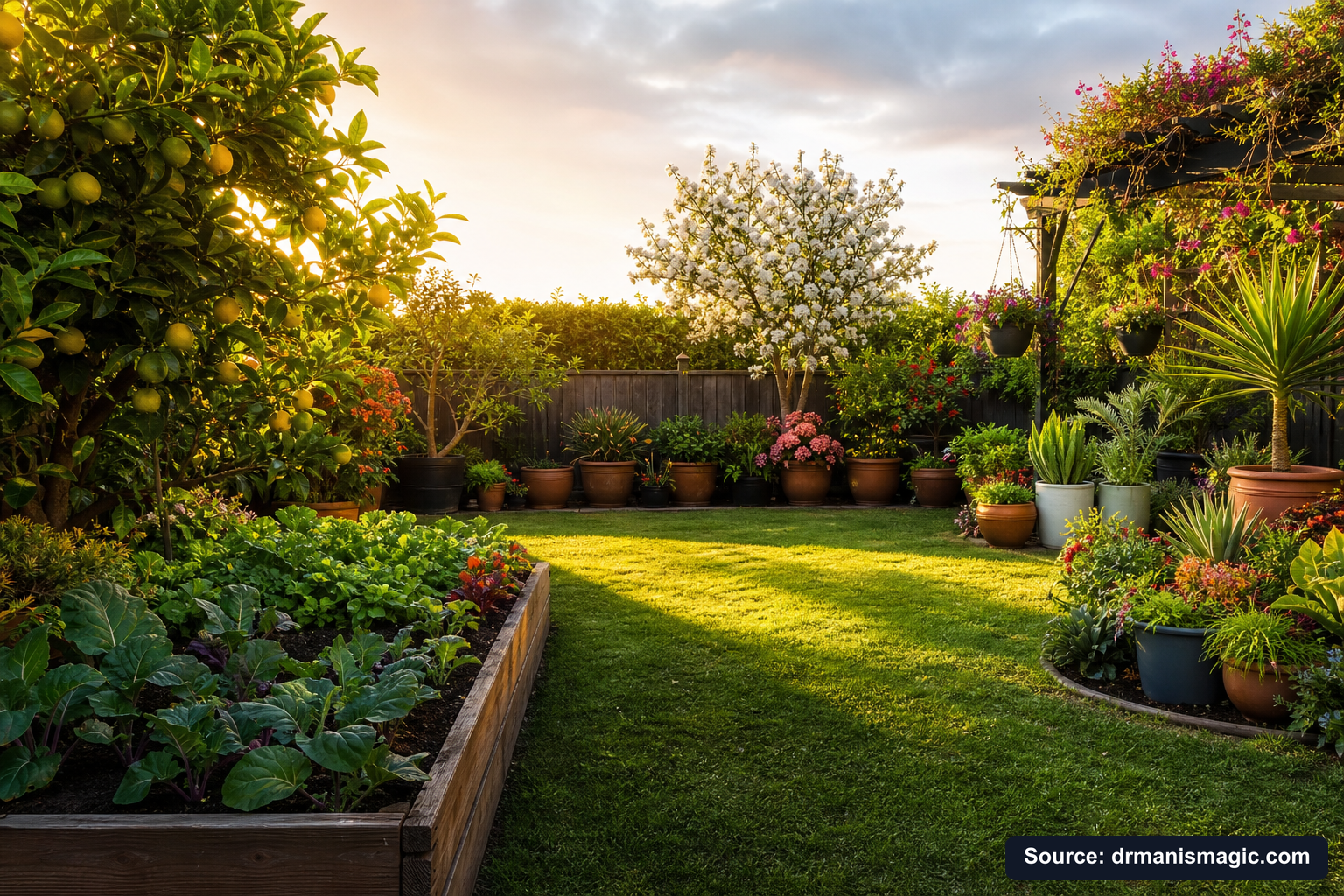 Lush, thriving backyard garden full of healthy plants and trees