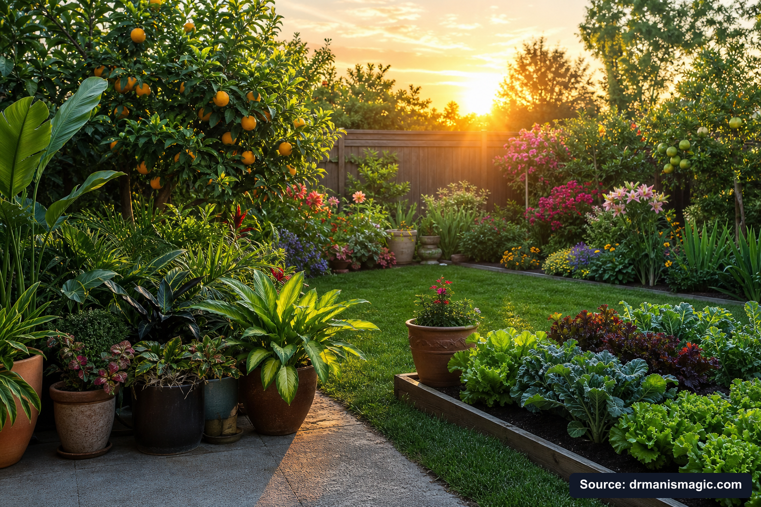 Lush, thriving backyard garden full of healthy plants and trees