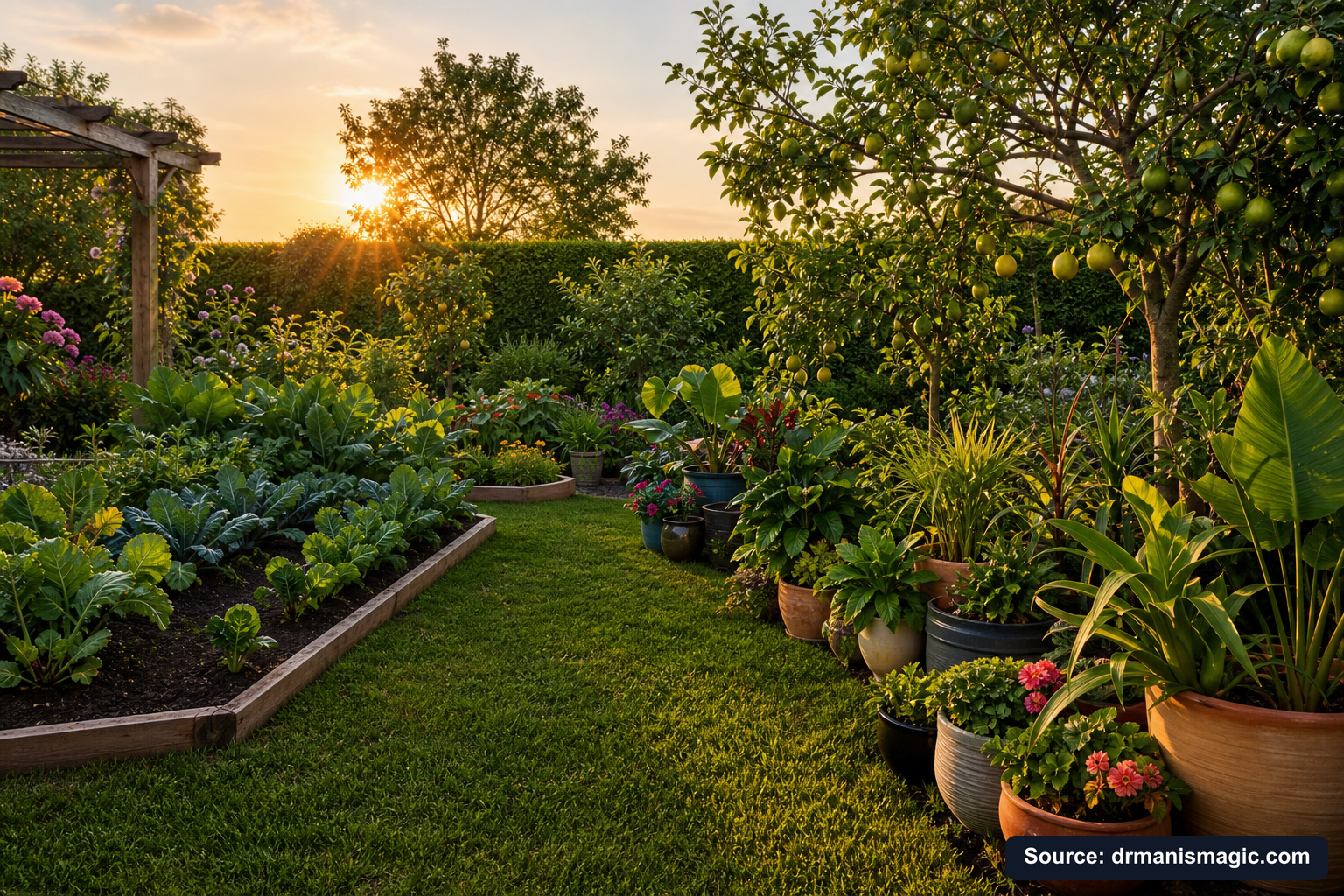 Lush, thriving backyard garden full of healthy plants and trees