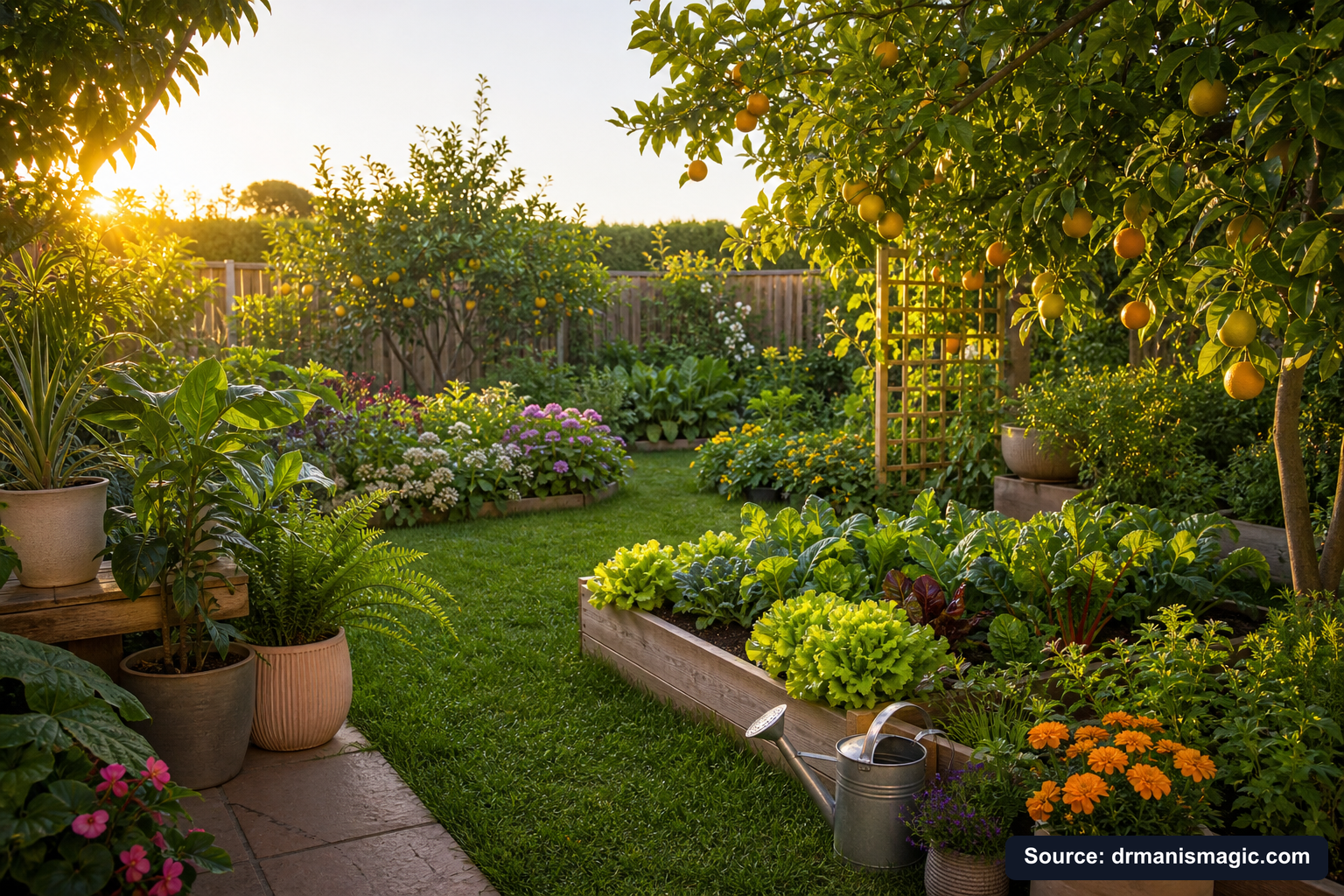 Lush, thriving backyard garden full of healthy plants and trees