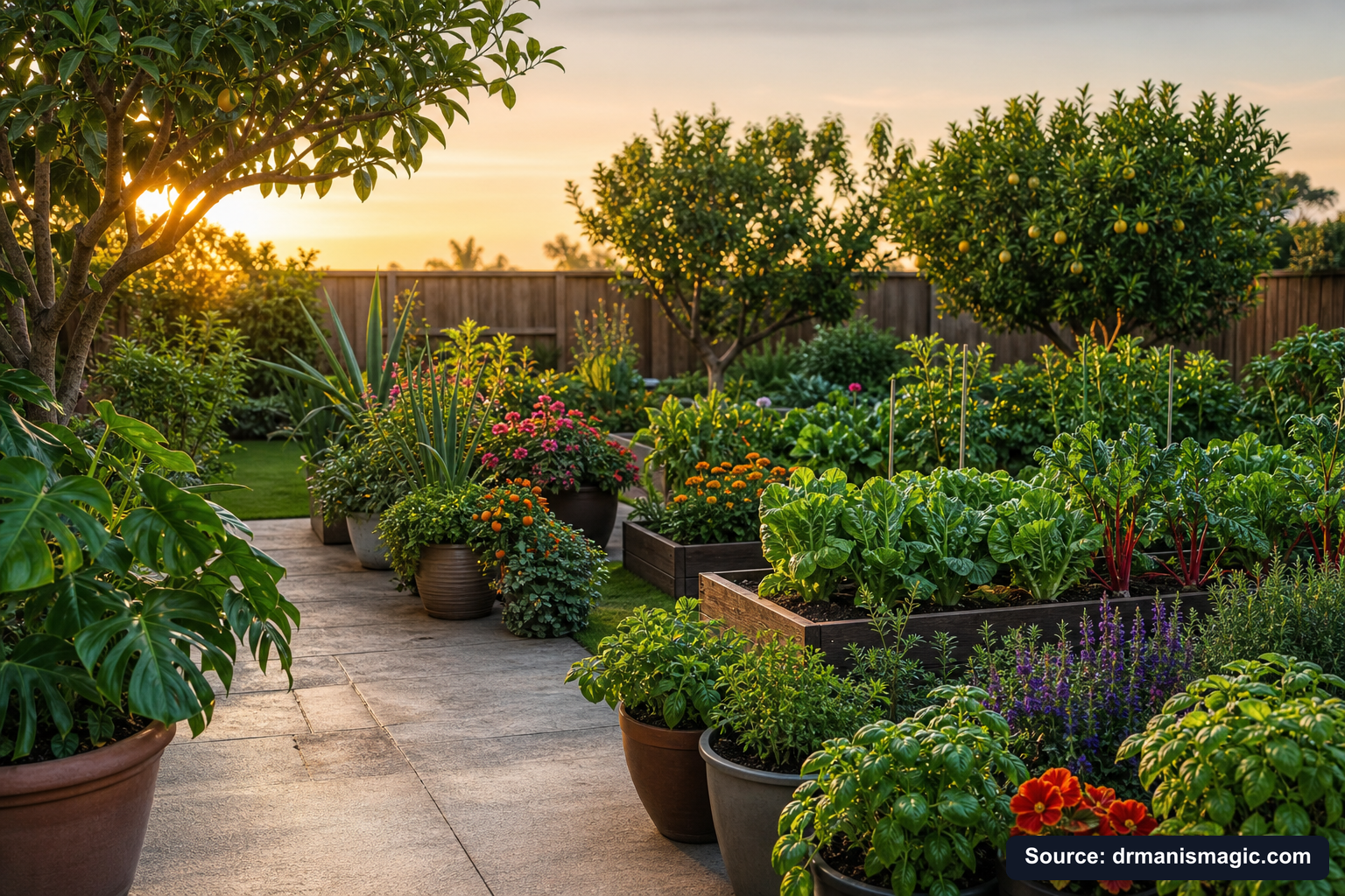 Lush, thriving backyard garden full of healthy plants and trees