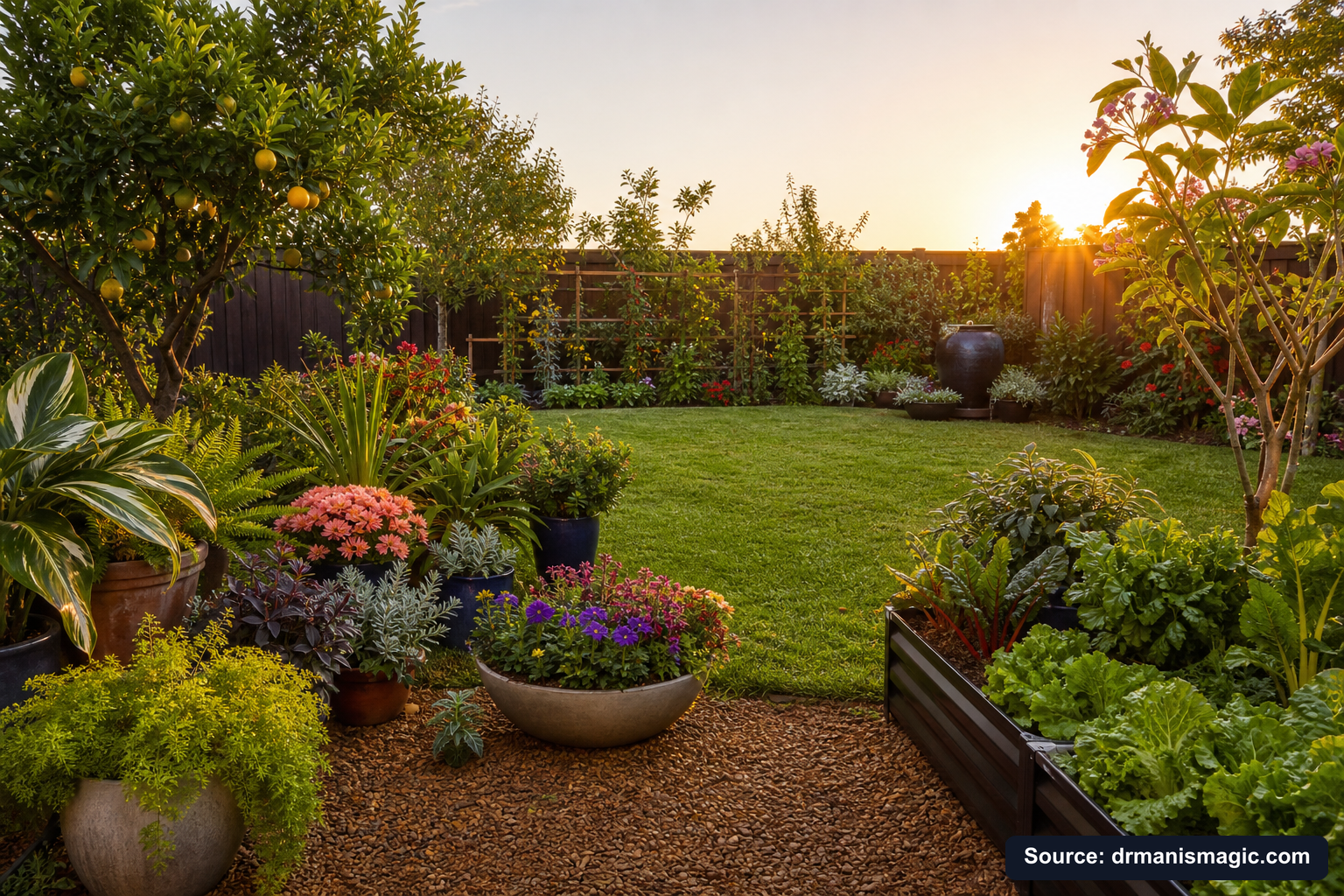 Lush, thriving backyard garden full of healthy plants and trees