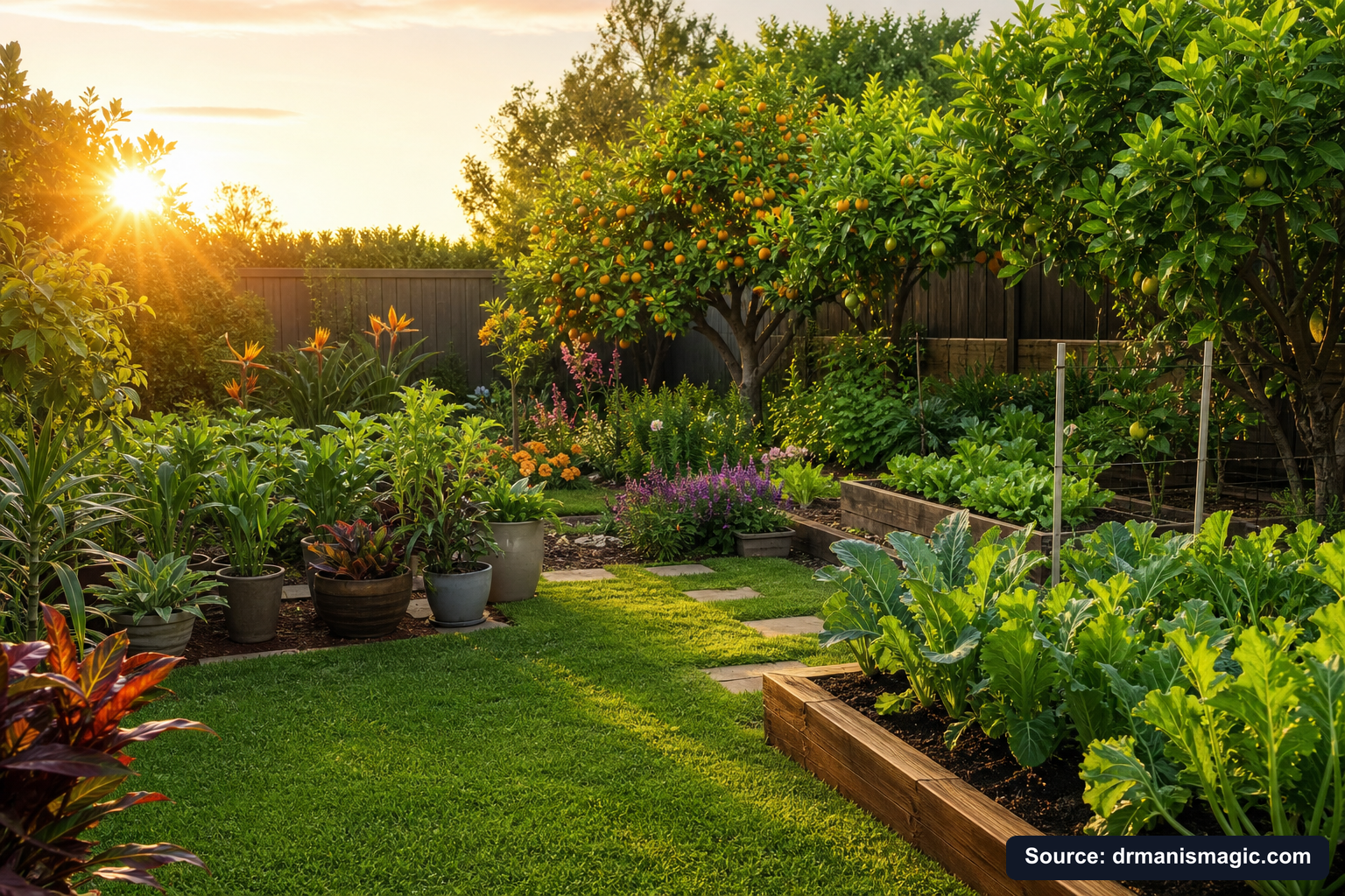 Lush, thriving backyard garden full of healthy plants and trees