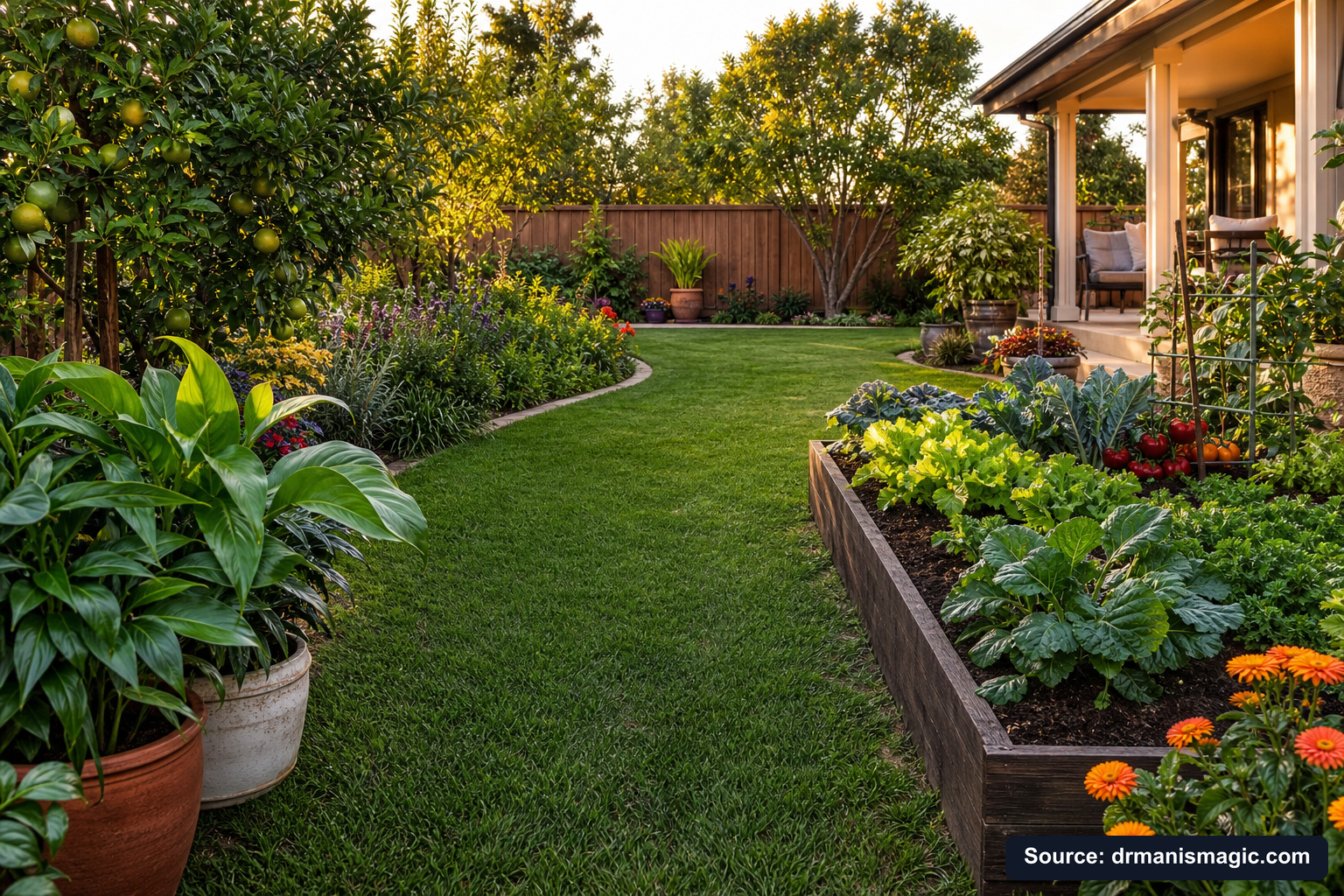 Lush, thriving backyard garden full of healthy plants and trees