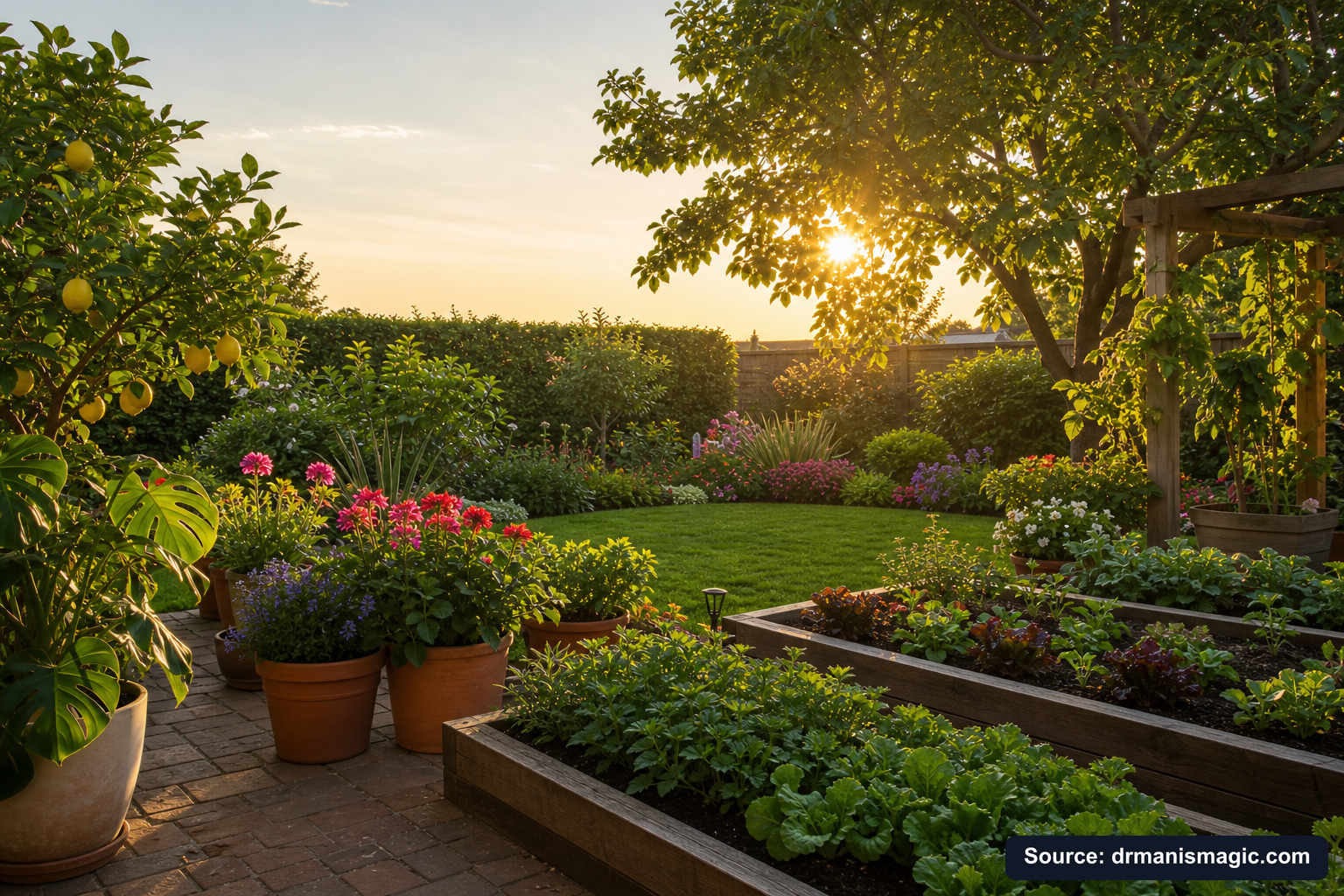 Lush, thriving backyard garden full of healthy plants and trees