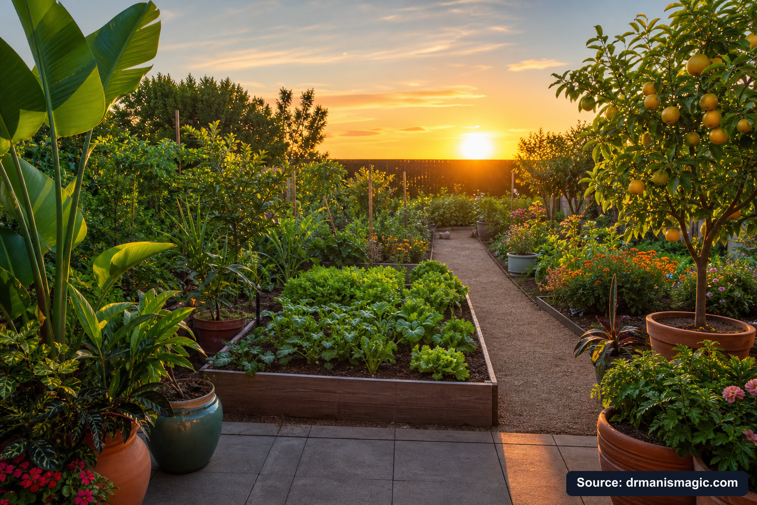Lush, thriving backyard garden full of healthy plants and trees