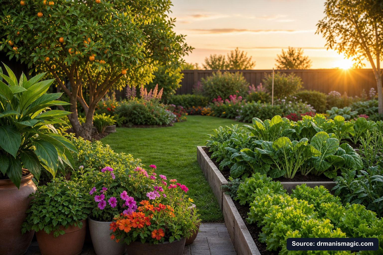 Lush, thriving backyard garden full of healthy plants and trees