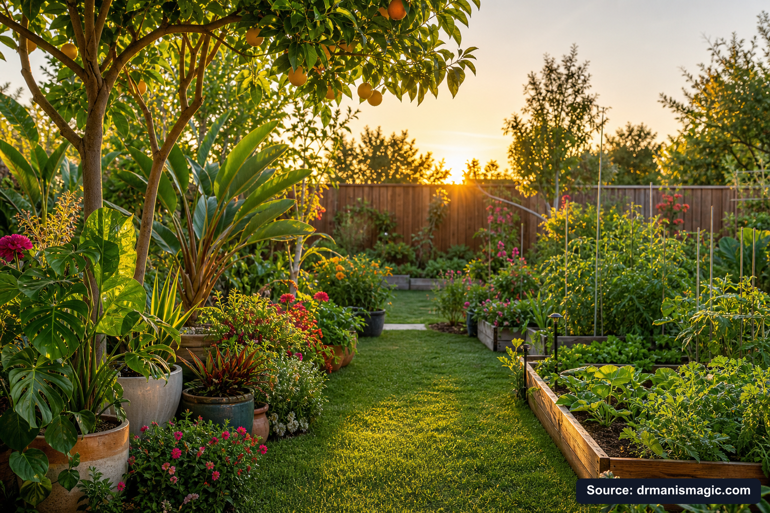 Lush, thriving backyard garden full of healthy plants and trees