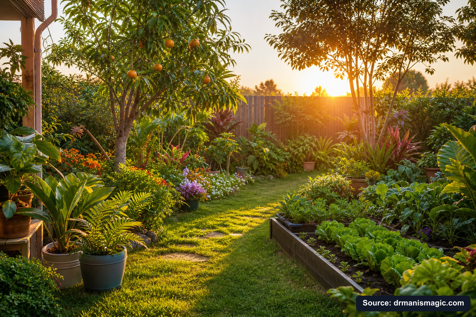 Lush, thriving backyard garden full of healthy plants and trees