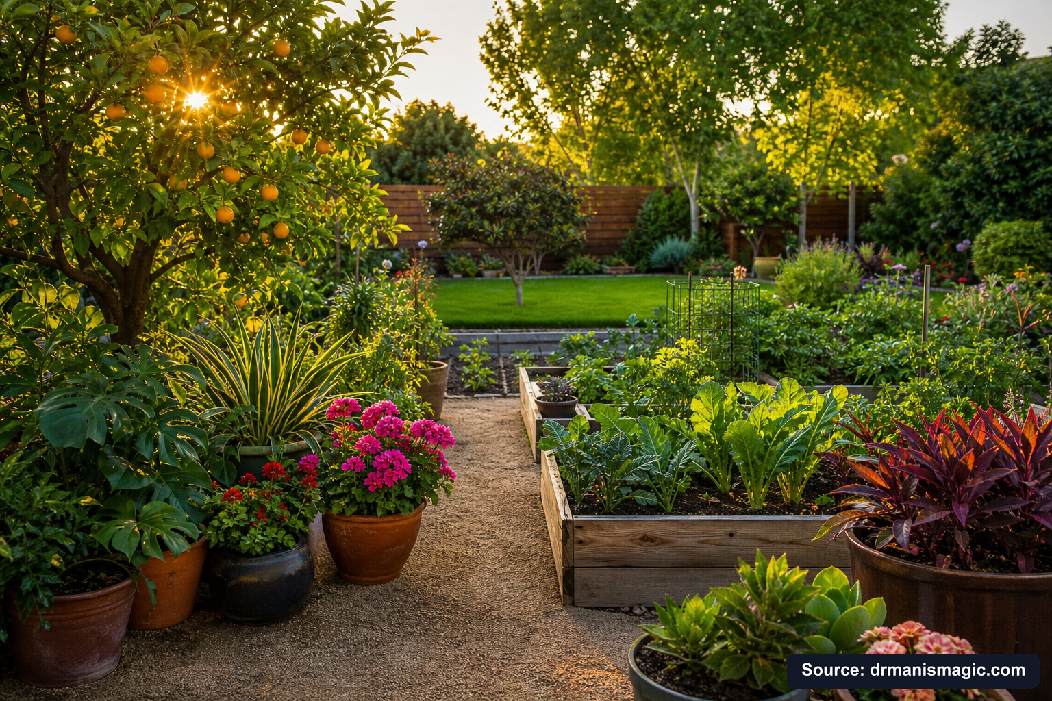 Lush, thriving backyard garden full of healthy plants and trees
