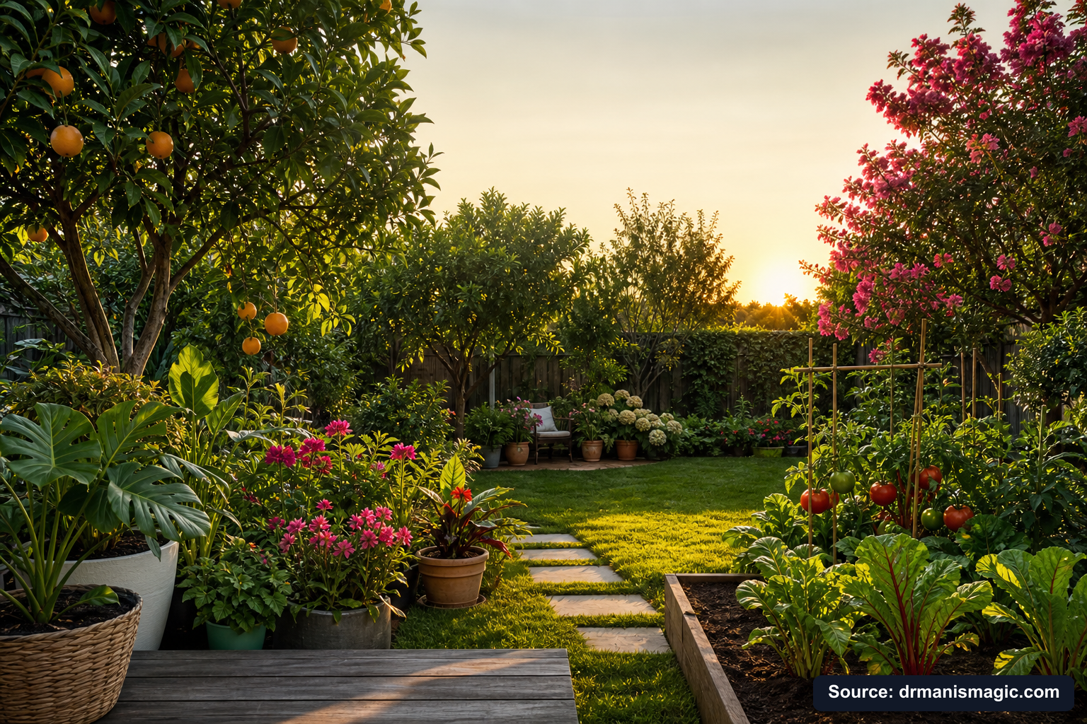 Lush, thriving backyard garden full of healthy plants and trees