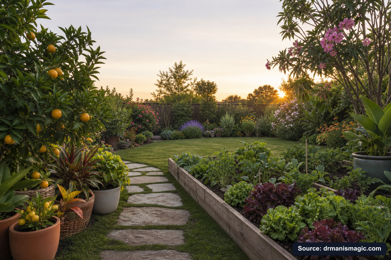 Lush, thriving backyard garden full of healthy plants and trees