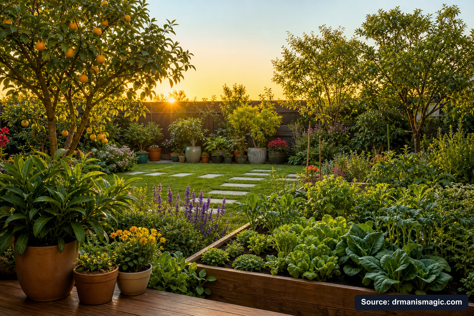 Lush, thriving backyard garden full of healthy plants and trees