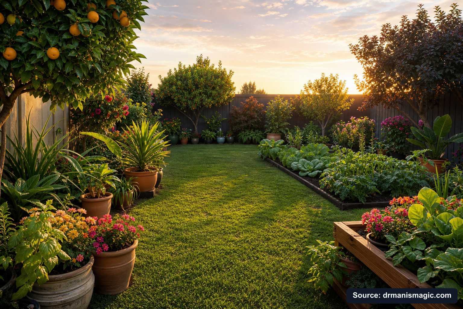Lush, thriving backyard garden full of healthy plants and trees