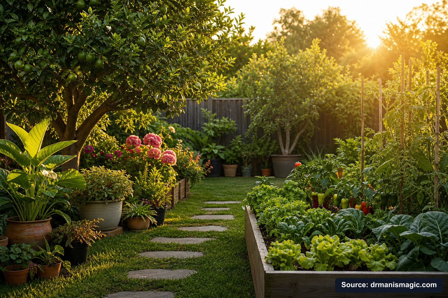 Lush, thriving backyard garden full of healthy plants and trees