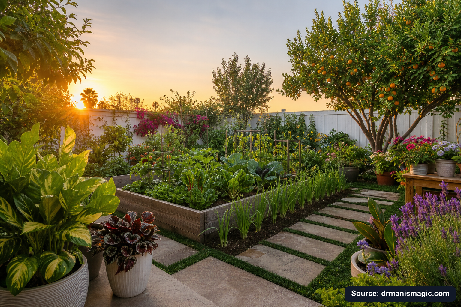 Lush, thriving backyard garden full of healthy plants and trees