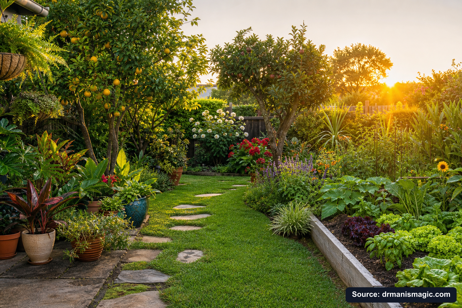 Lush, thriving backyard garden full of healthy plants and trees