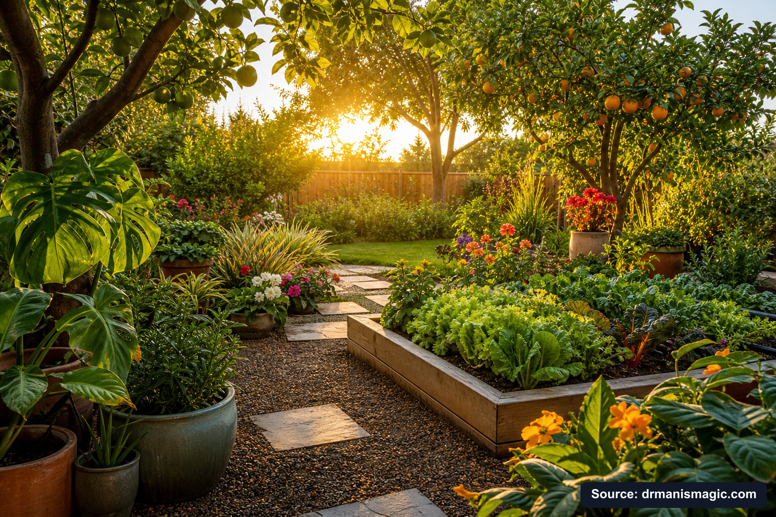 Lush, thriving backyard garden full of healthy plants and trees