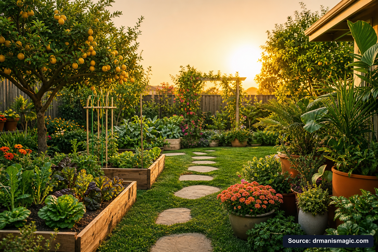 Lush, thriving backyard garden full of healthy plants and trees