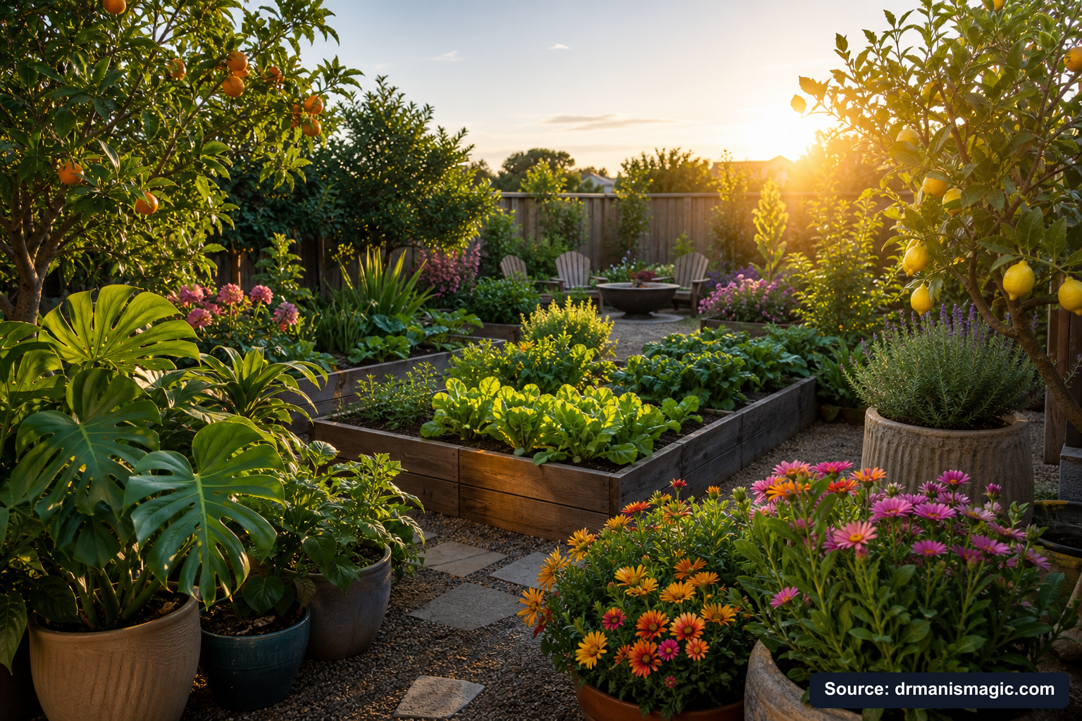 Lush, thriving backyard garden full of healthy plants and trees