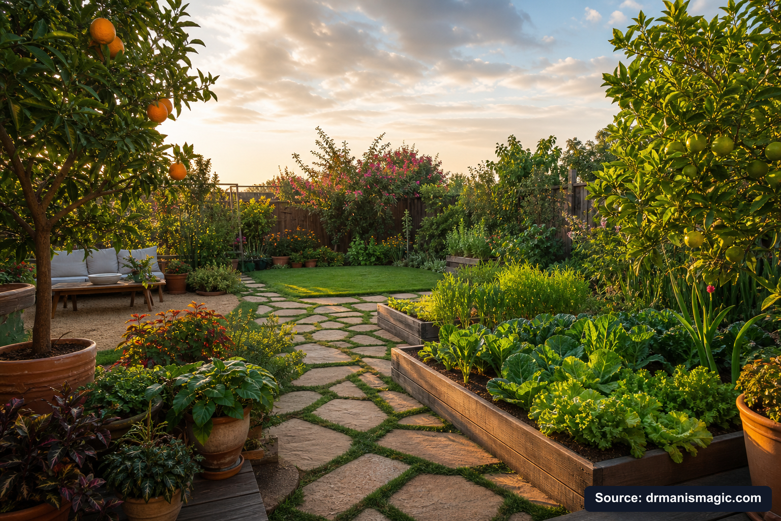 Lush, thriving backyard garden full of healthy plants and trees