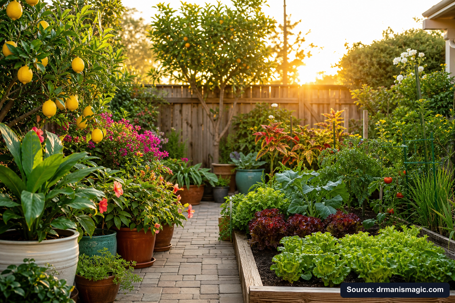 Lush, thriving backyard garden full of healthy plants and trees