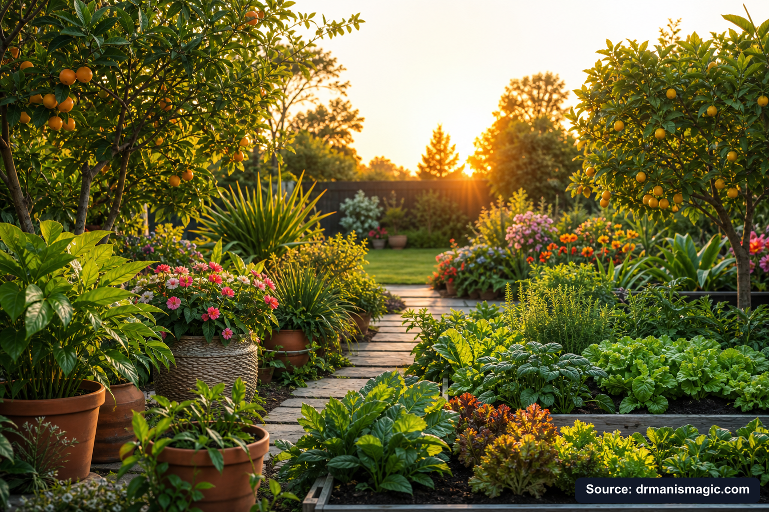 Lush, thriving backyard garden full of healthy plants and trees