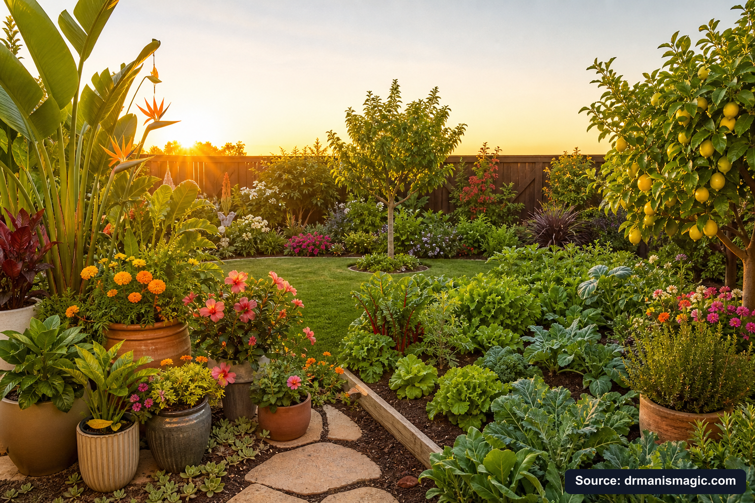 Lush, thriving backyard garden full of healthy plants and trees