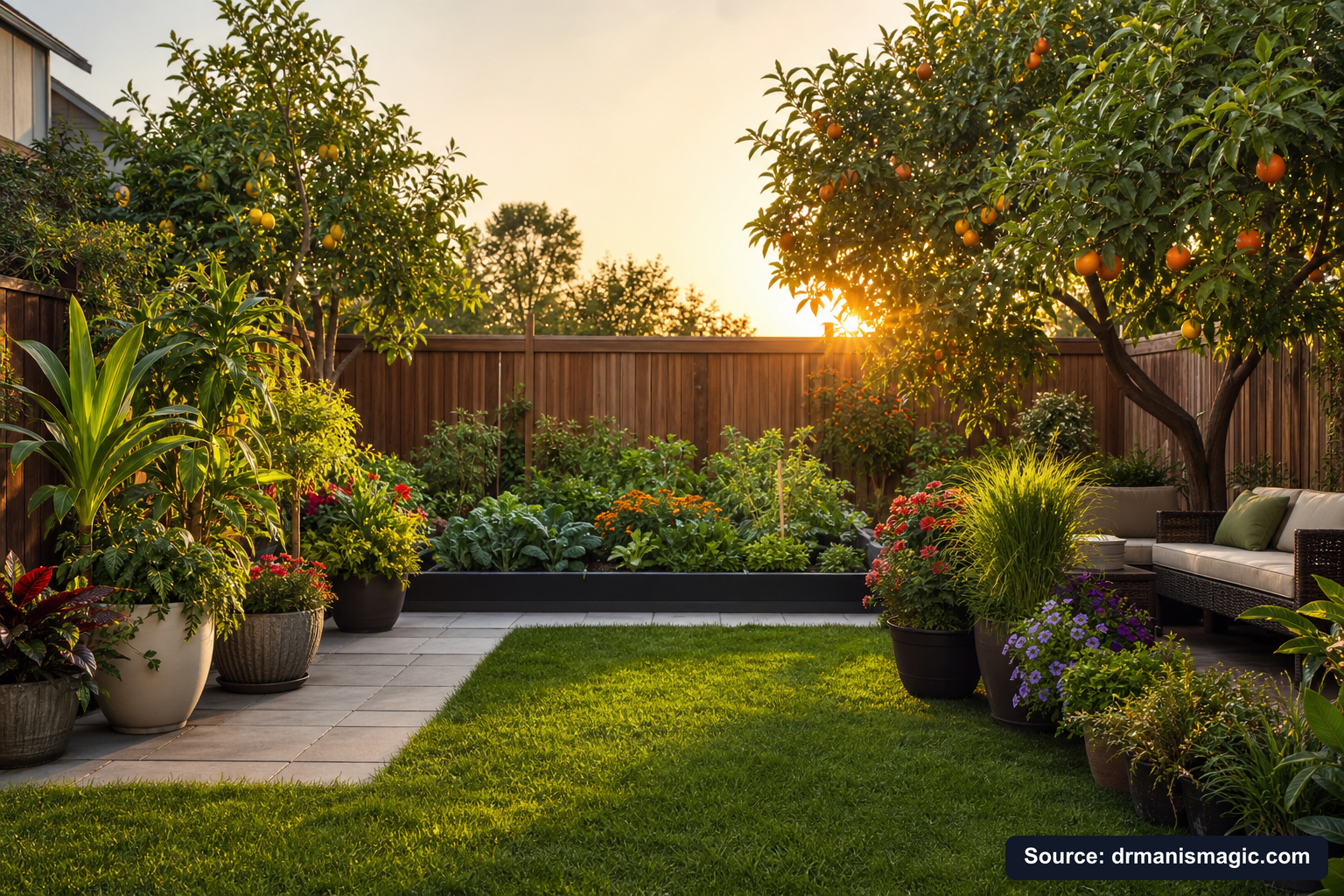 Lush, thriving backyard garden full of healthy plants and trees