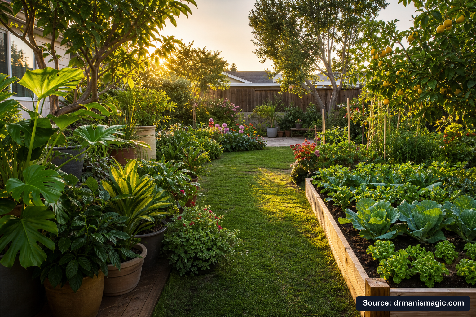 Lush, thriving backyard garden full of healthy plants and trees