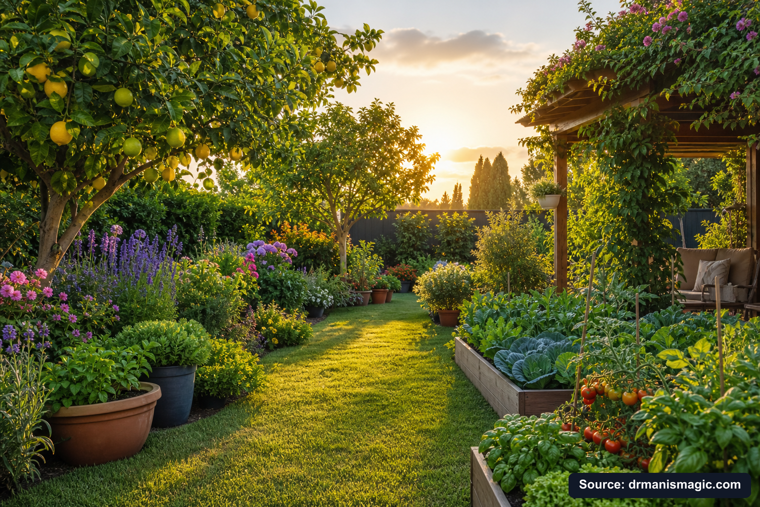 Lush, thriving backyard garden full of healthy plants and trees