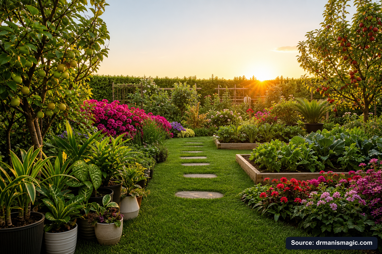 Lush, thriving backyard garden full of healthy plants and trees