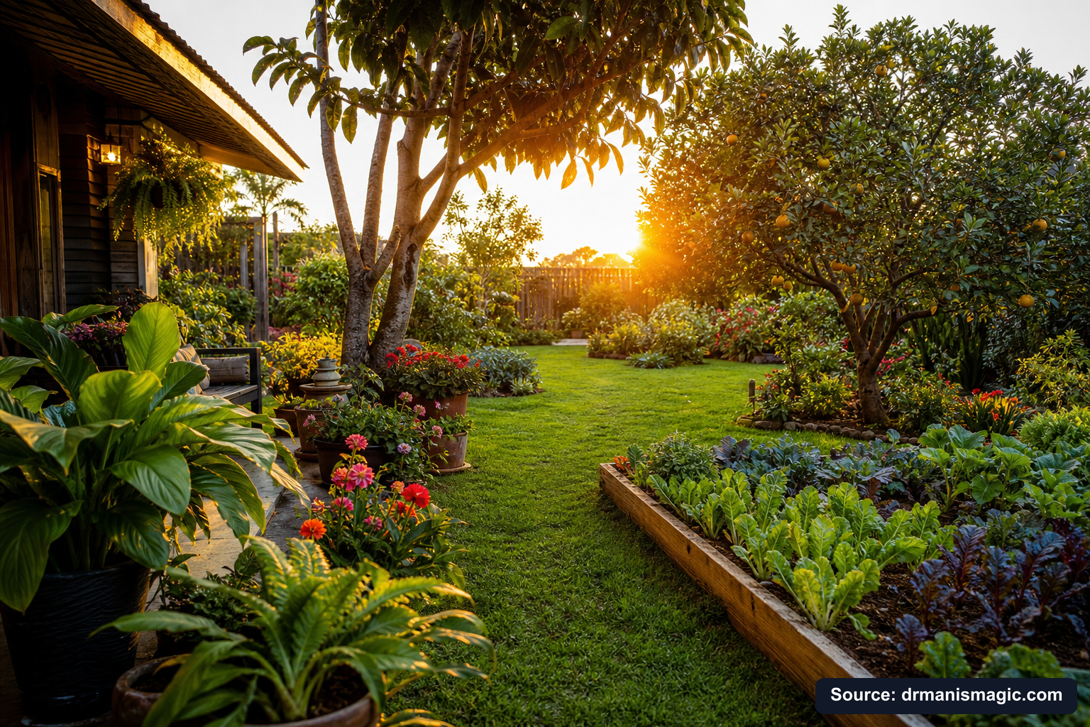 Lush, thriving backyard garden full of healthy plants and trees