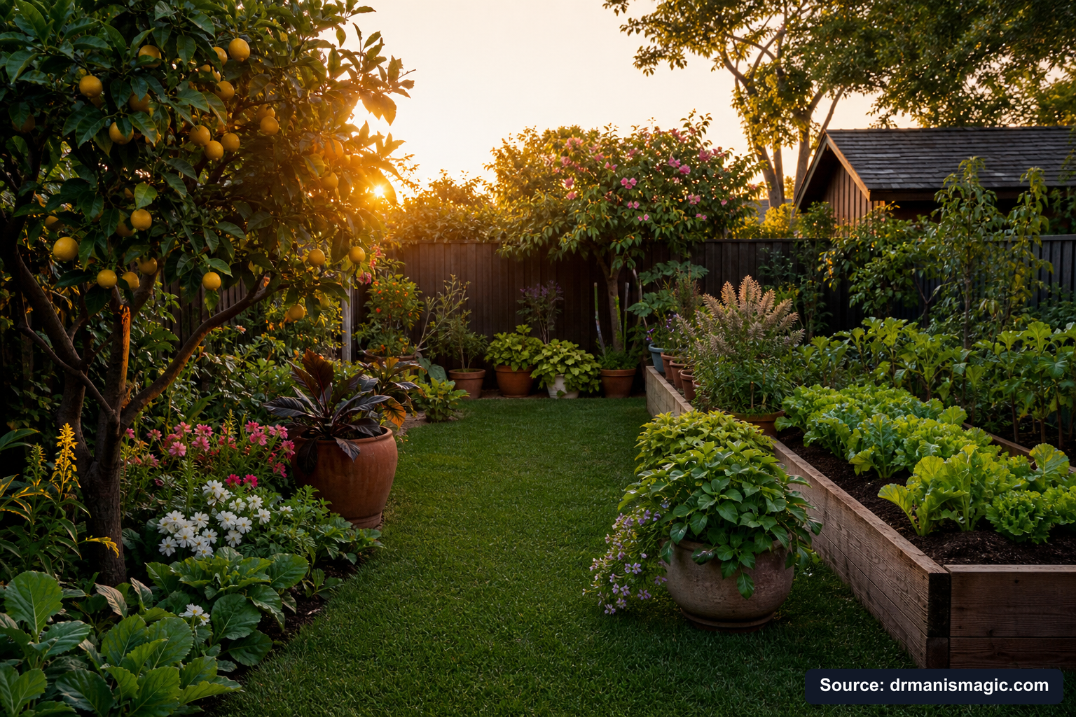 Lush, thriving backyard garden full of healthy plants and trees