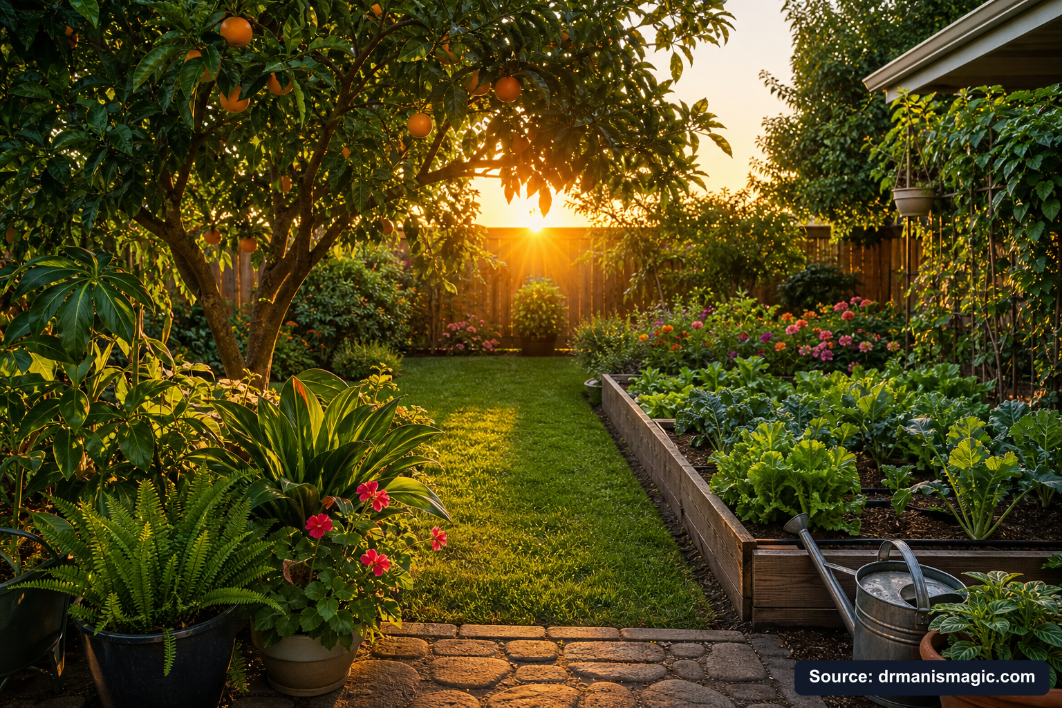 Lush, thriving backyard garden full of healthy plants and trees