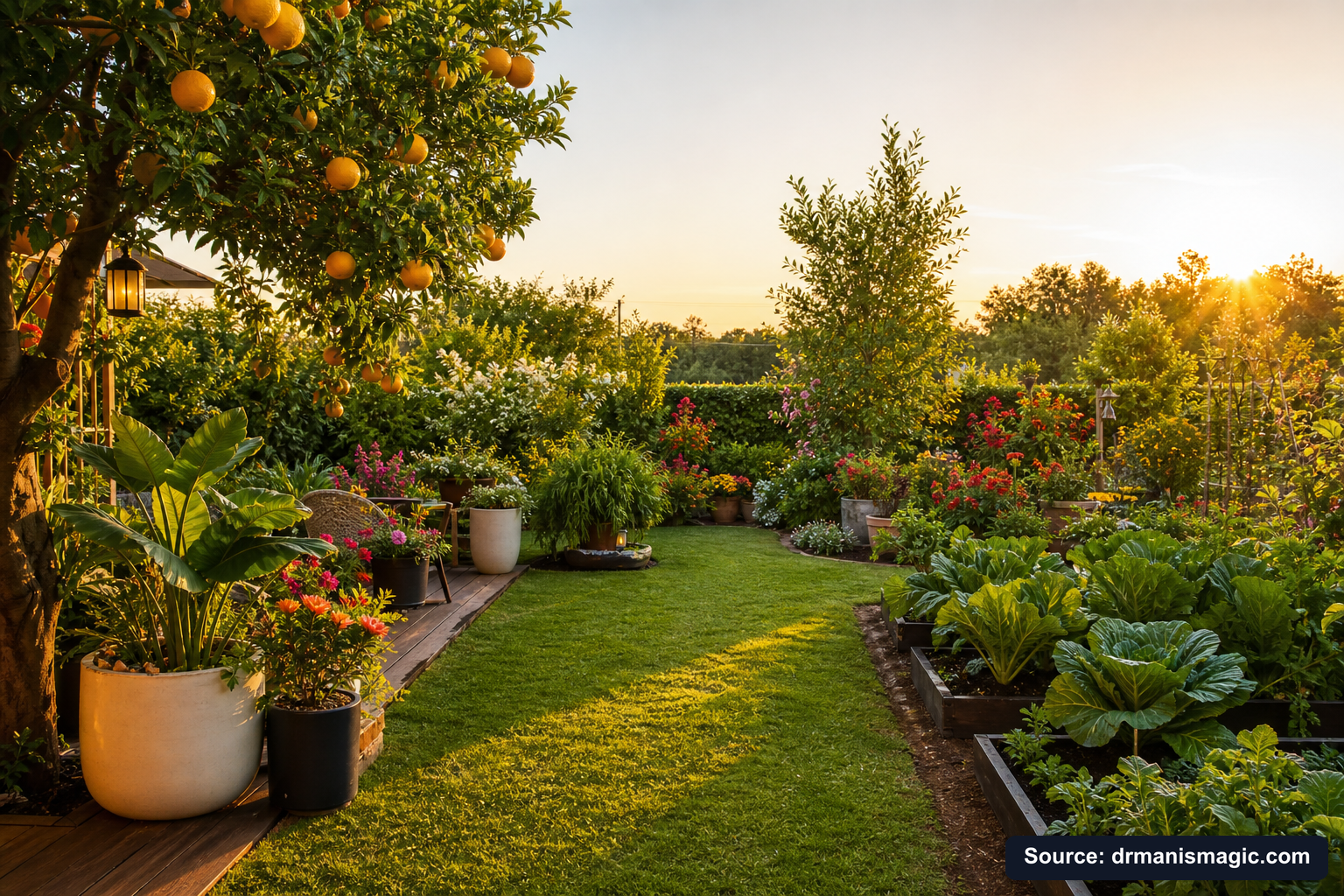 Lush, thriving backyard garden full of healthy plants and trees