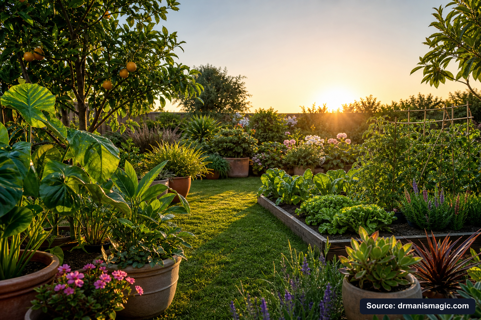 Lush, thriving backyard garden full of healthy plants and trees