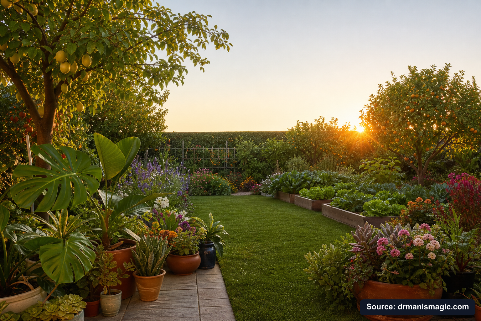 Lush, thriving backyard garden full of healthy plants and trees