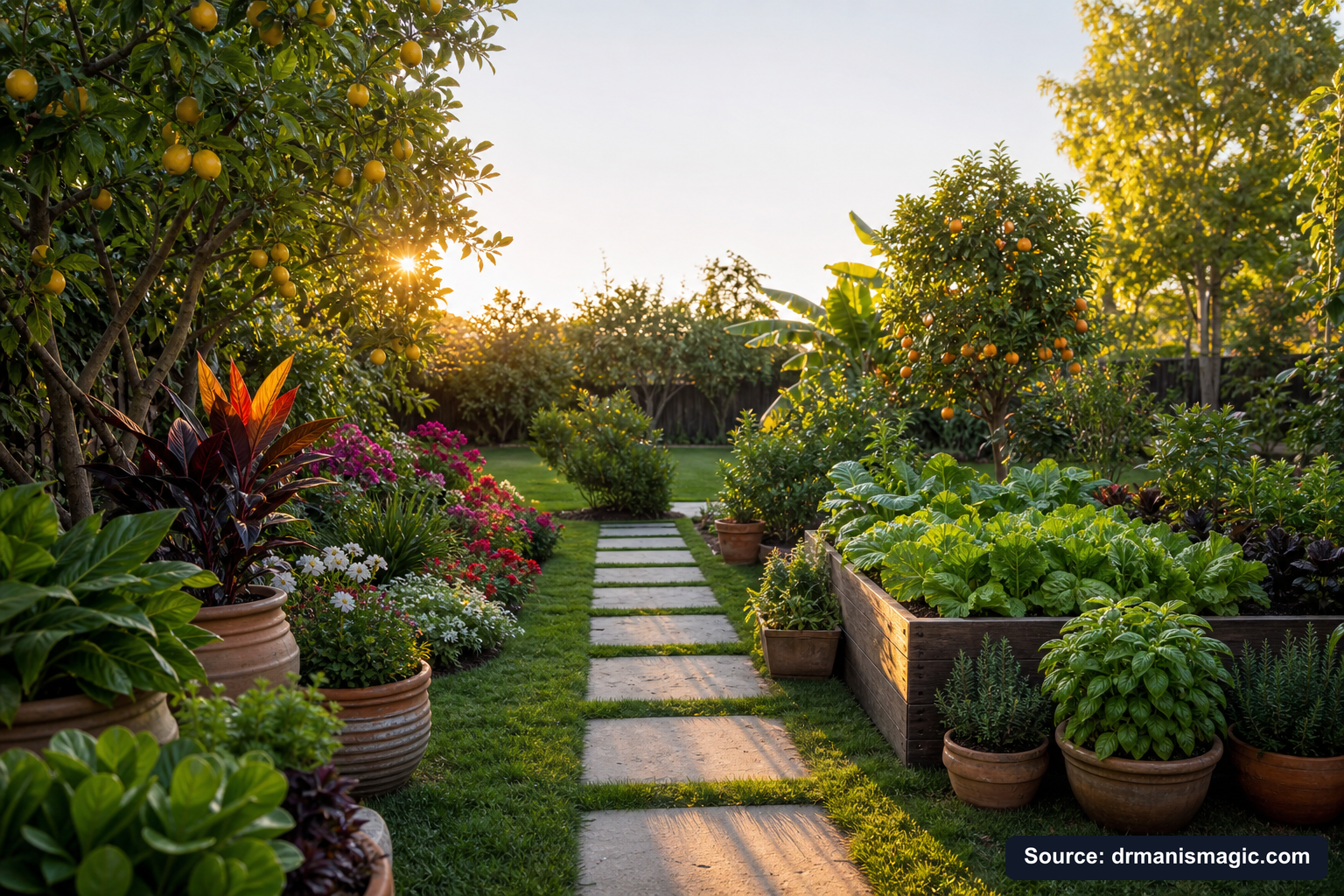 Lush, thriving backyard garden full of healthy plants and trees
