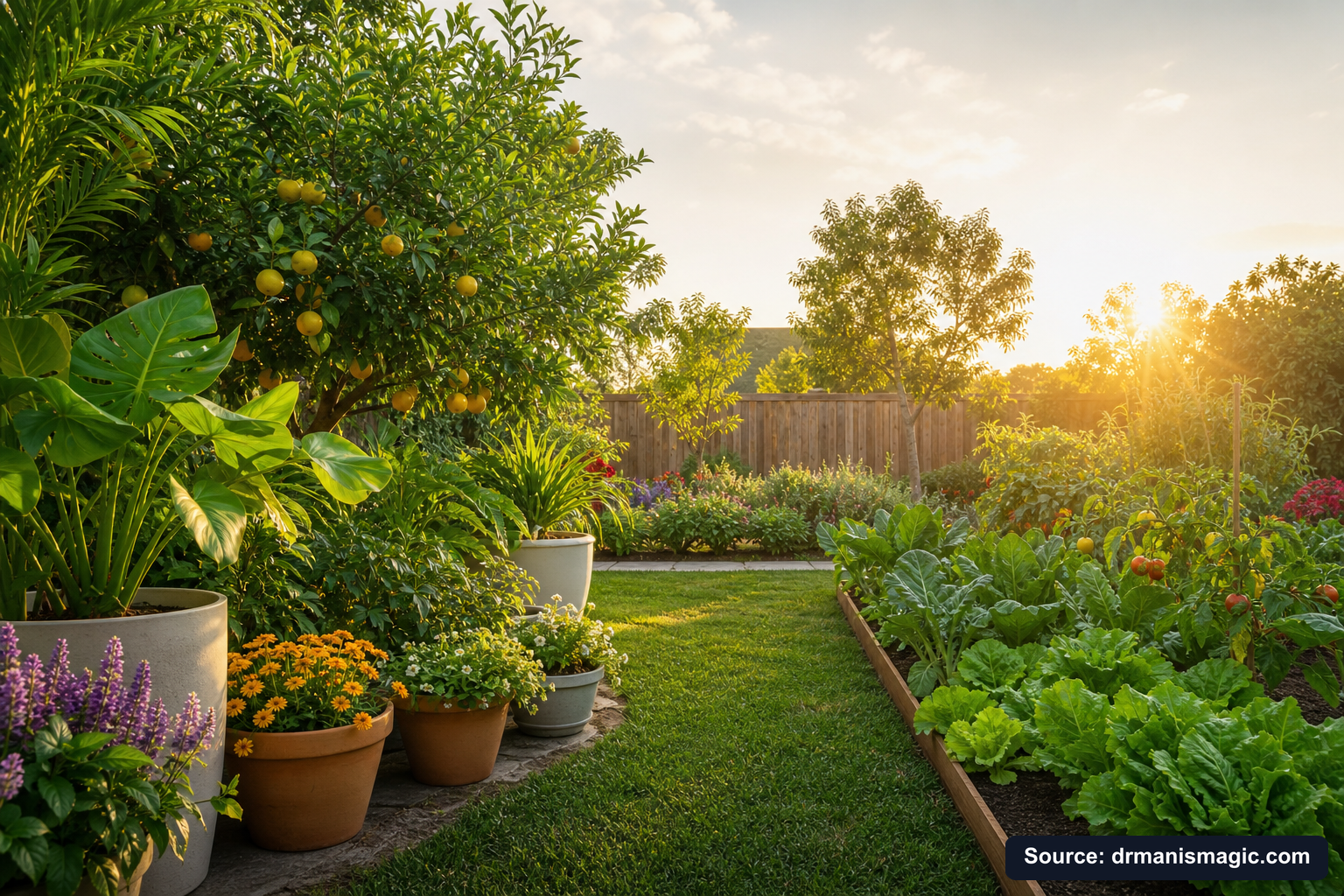 Lush, thriving backyard garden full of healthy plants and trees