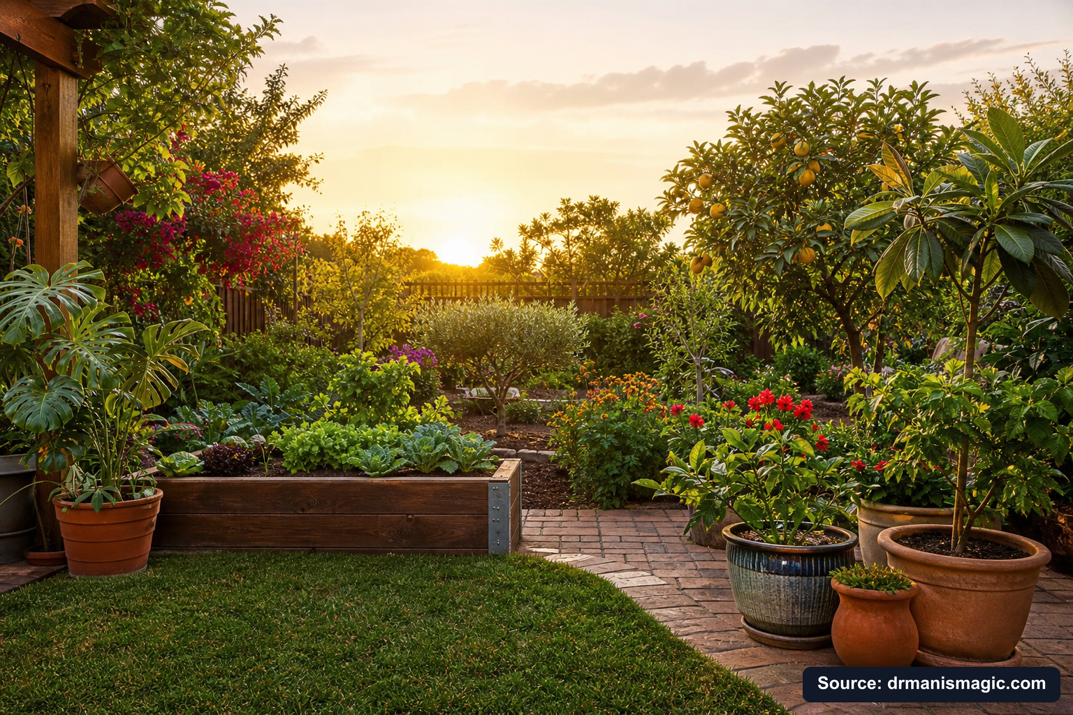 Lush, thriving backyard garden full of healthy plants and trees