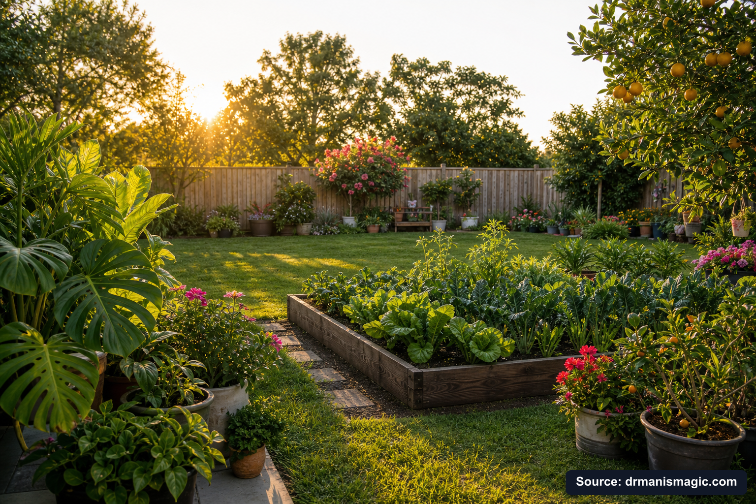 Lush, thriving backyard garden full of healthy plants and trees