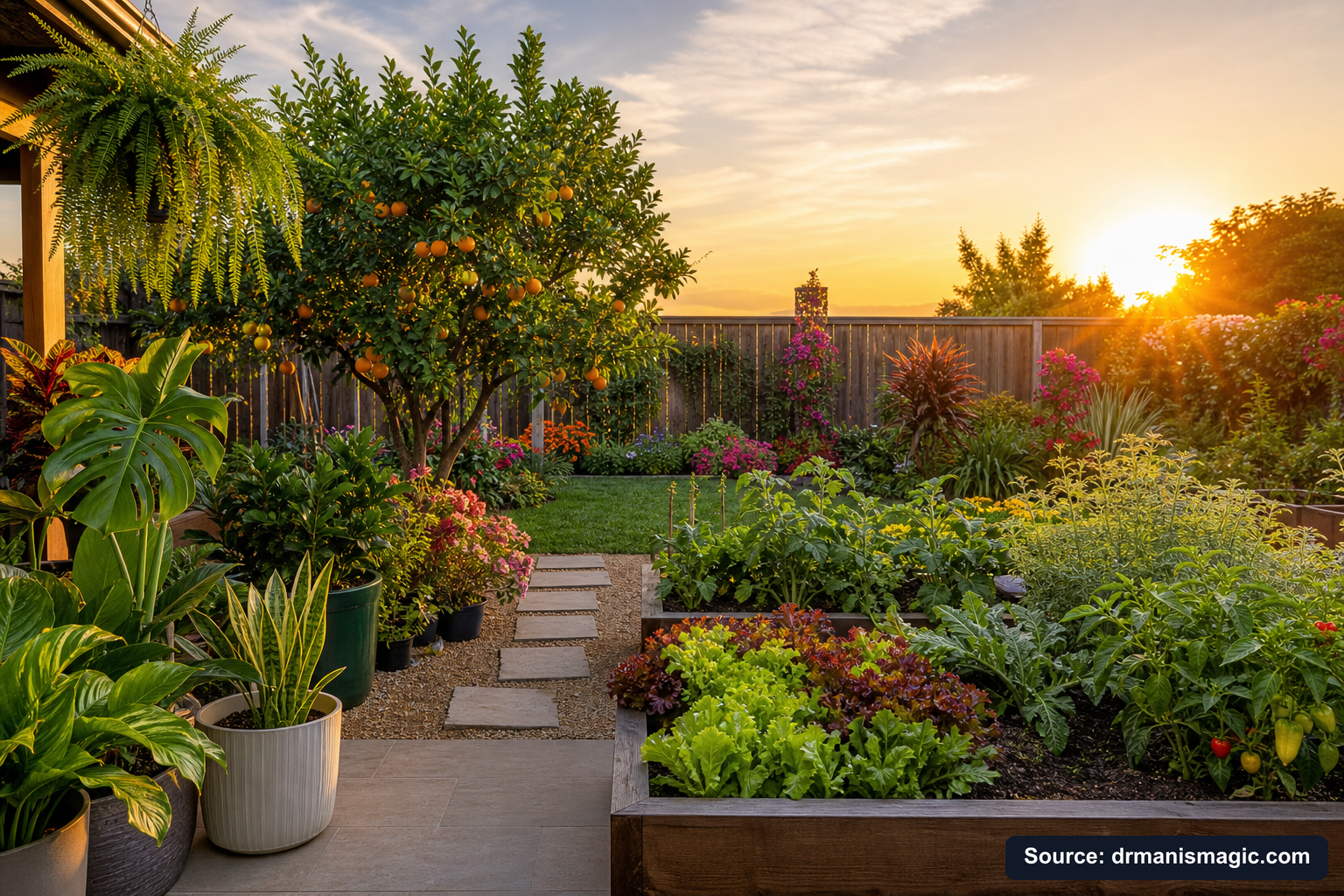 Lush, thriving backyard garden full of healthy plants and trees