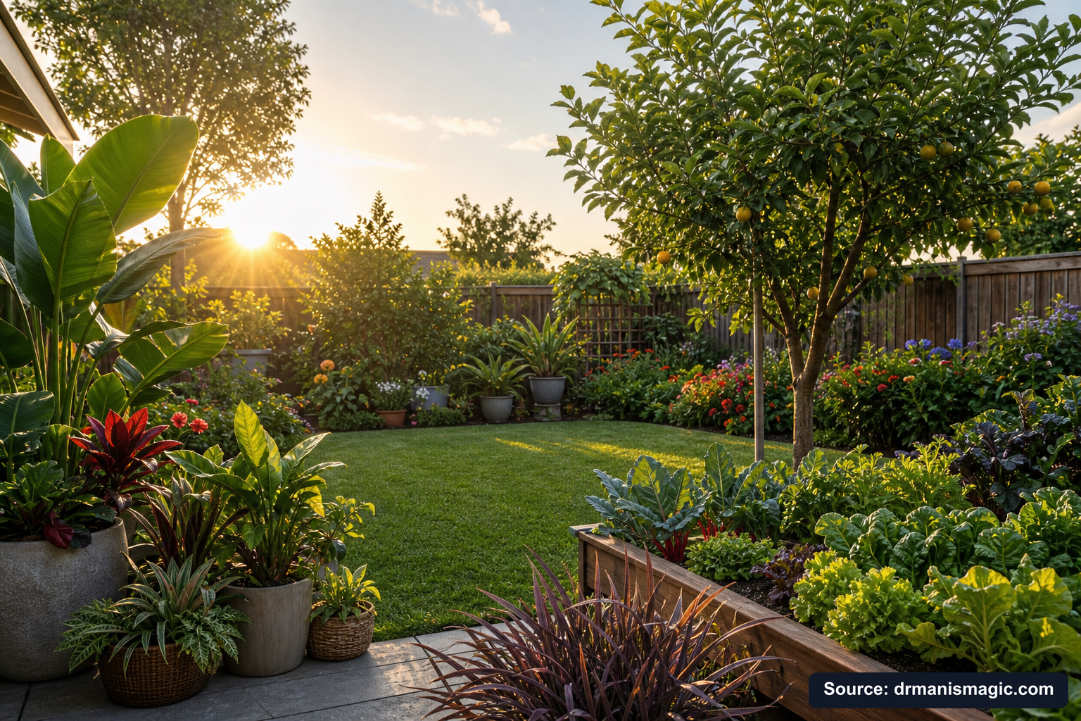 Lush, thriving backyard garden full of healthy plants and trees