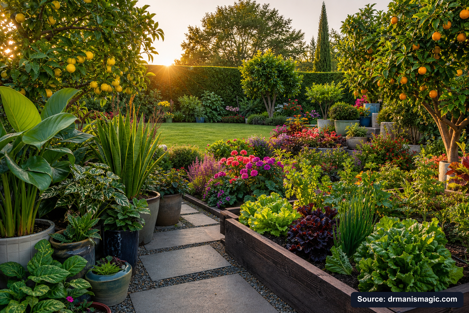 Lush, thriving backyard garden full of healthy plants and trees