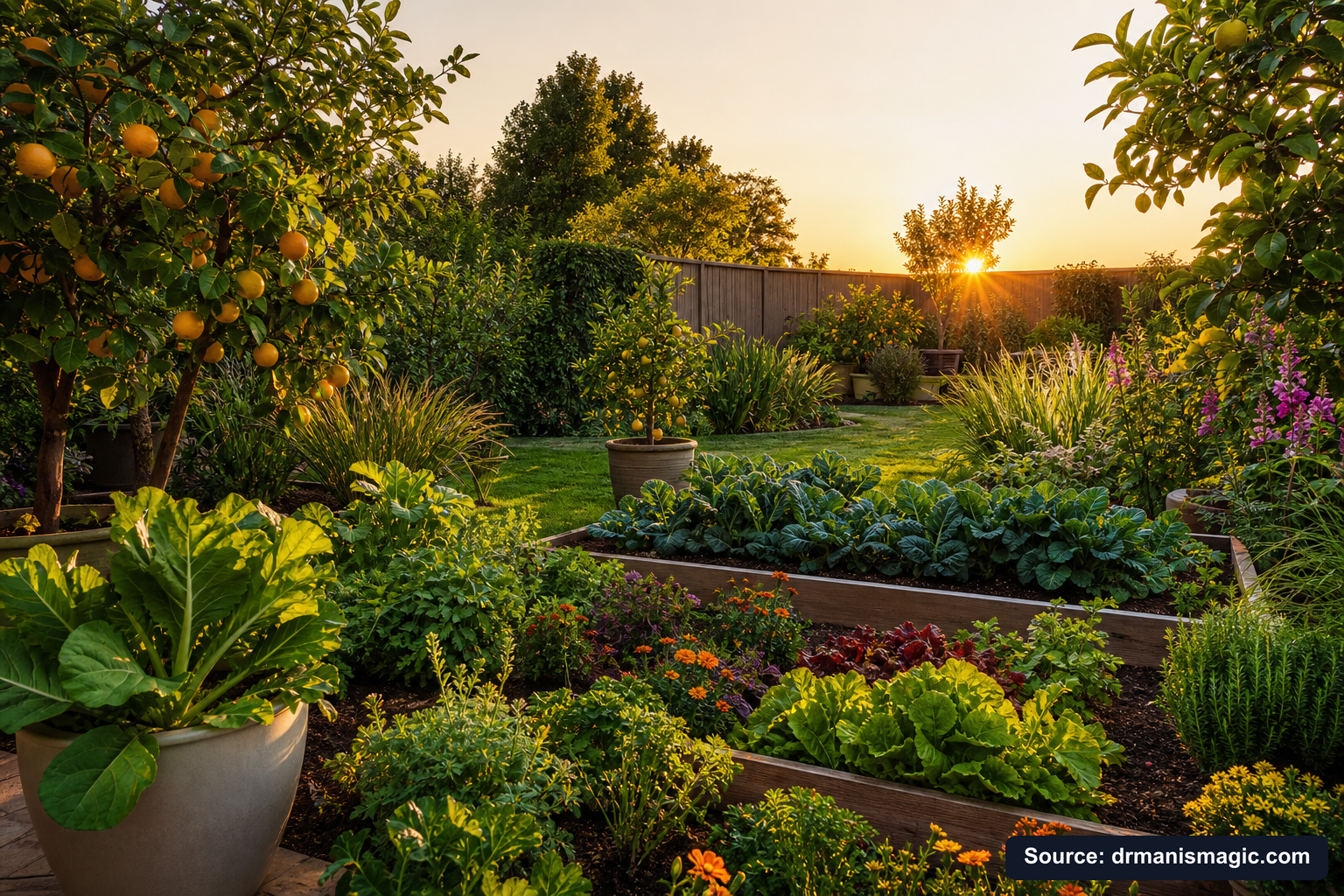 Lush, thriving backyard garden full of healthy plants and trees